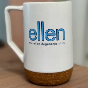 Ellen Degeneres Show White Coffee Hot Tea Mug Cup Blue Logo Unique Cork Base
